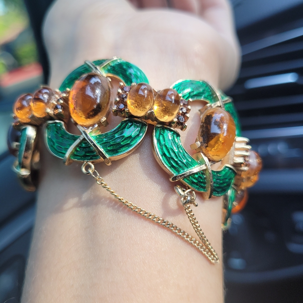 Vintage Trifari L'Orient Green  snakeskin Enamel & Faux Topaz Bracelet 1968